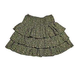 Women's Small Green Floral Ruffled A-Line Mini Skirt Elastic Waist Stretch
